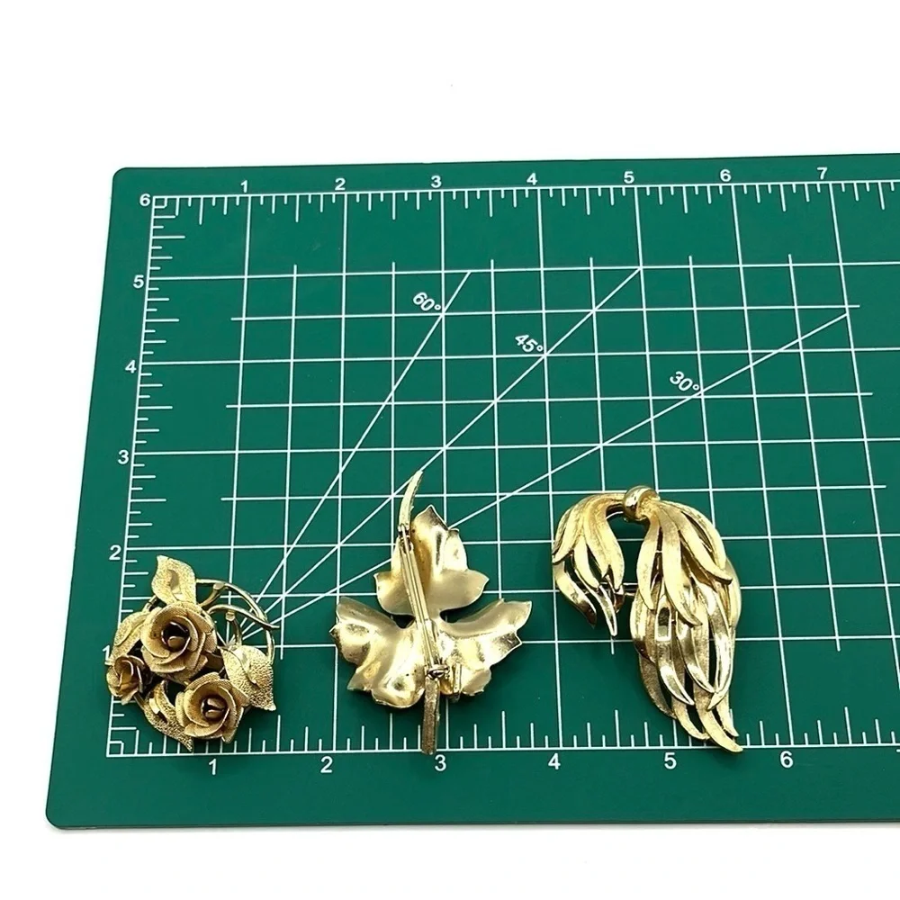 Vintage Brooches Roses Leaf Acorn Ribbon Pin Gold Tone Pins 3 VTG